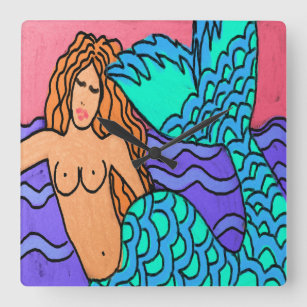 Farbenfrohe Abstrakte Meerjungfrau Malerplatz Quadratische Wanduhr