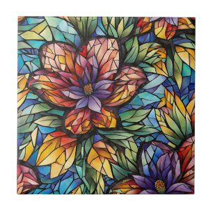 Farbenfrohe Abstrakte Mosaik-Blume und Blätter Fliese
