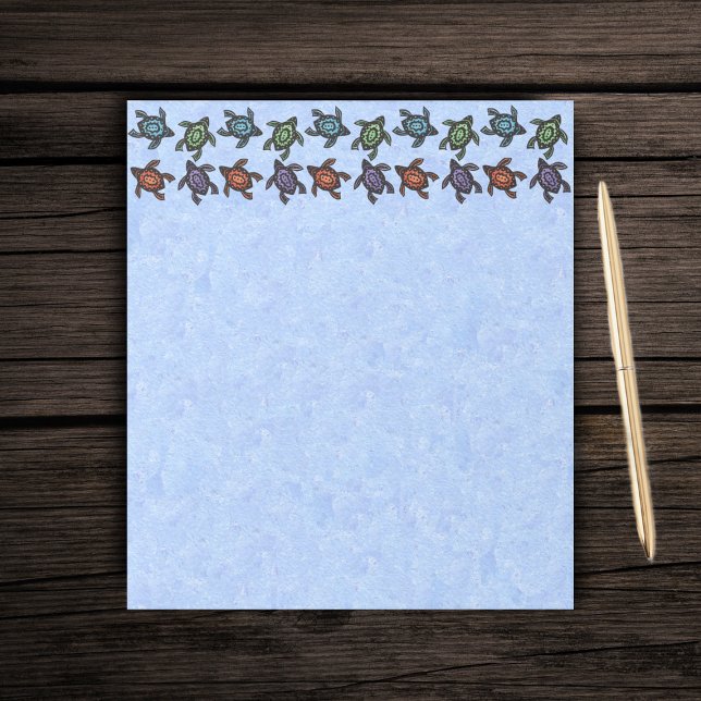 Farbenfrohe Abstrakte Schwimmschildkröten Notizblock (Rows of abstract black turtles with coloured shells on light blue paper notepad.)