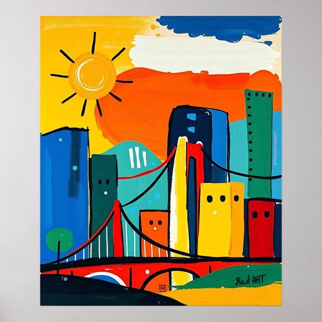 Farbenfrohe Abstrakte Stadtführung mit Sonne und B Poster (Vorne)