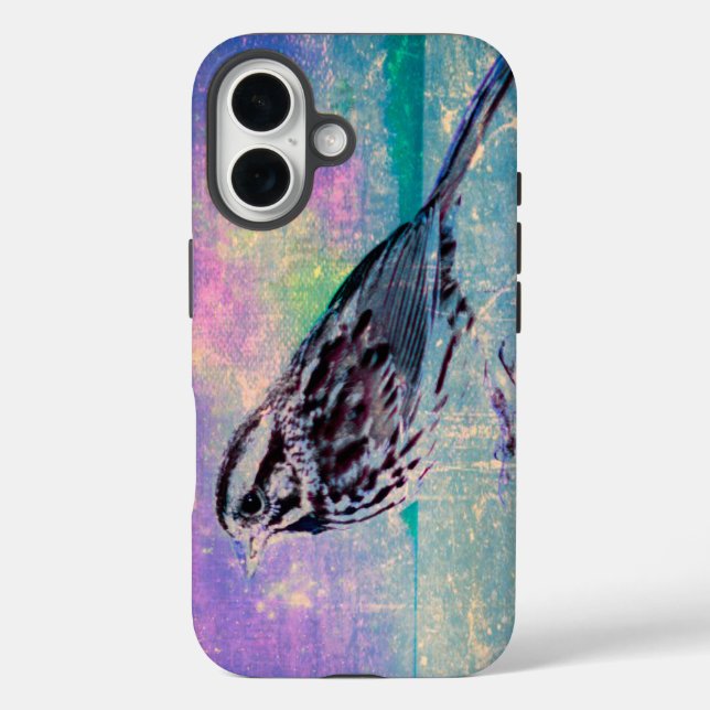 Farbenfrohe Abstrakte Vogelkunst: Lebhafter Songbi iPhone 16 Hülle (Rückseite)
