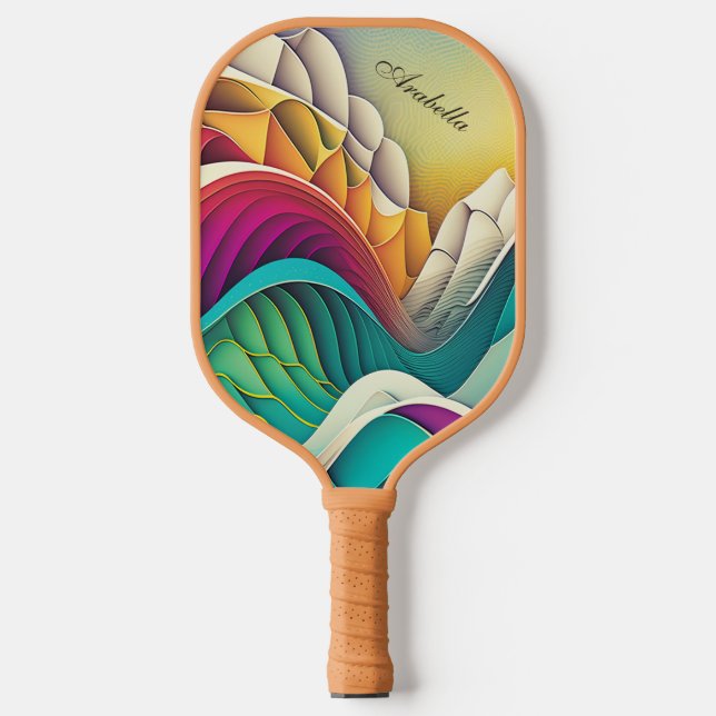 Farbenfrohe abstrakte Wellen und Berge Pickleball Schläger (Vorderseite)