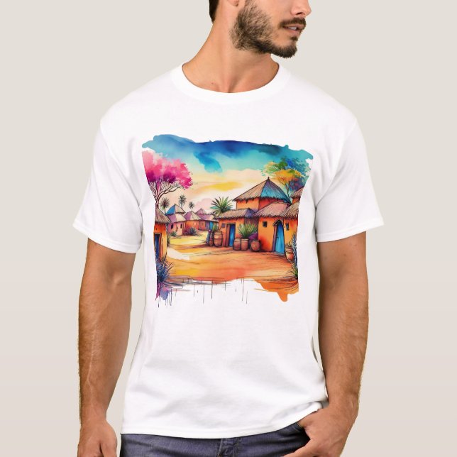 Farbenfrohe afrikanische Dorfmalerei T-Shirt (Vorderseite)