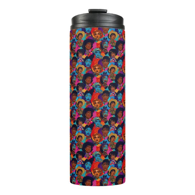 Farbenfrohe afrikanische Frauen auf blau Thermosbecher (Vorderseite)