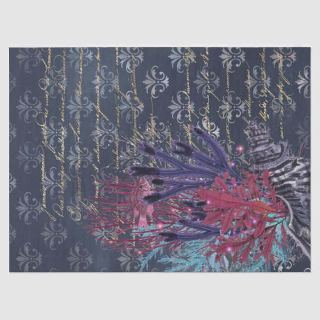 Farbenfrohe Algen und Fische auf blaue Decoupage Seidenpapier (Vorderseite)