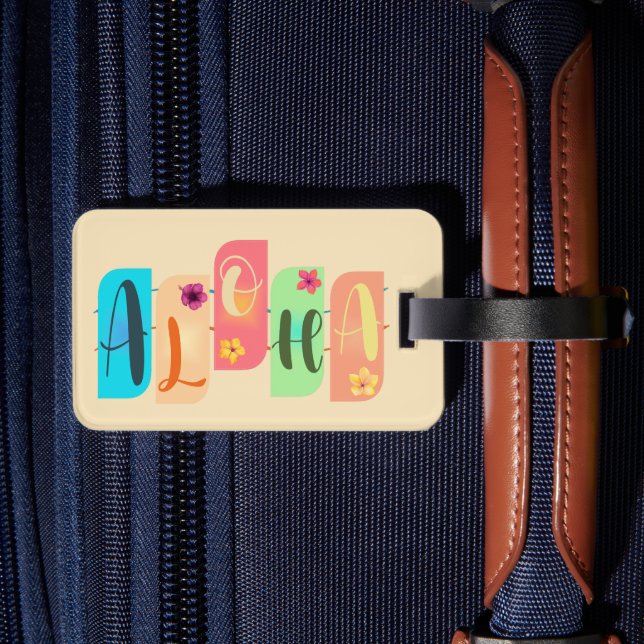 Farbenfrohe Aloha Tiles Gruß Gepäckanhänger (Rückseite Insitu 2)