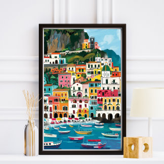 Farbenfrohe Amalfi Coast Beach Illustration Fotodruck