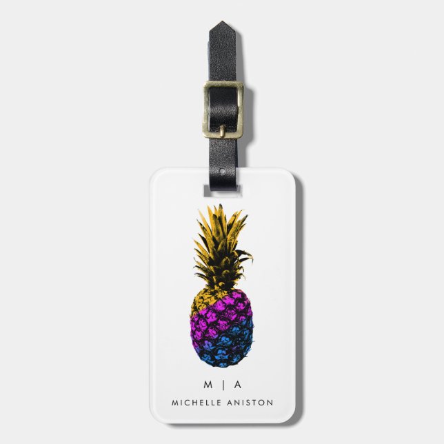 Farbenfrohe Ananas | Monogramm Custom Gepäckanhänger (Vorderseite vertikal)