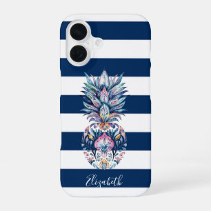 Farbenfrohe Ananas ,Navyblaue Streifen iPhone 16 Hülle