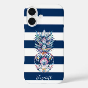 Farbenfrohe Ananas ,Navyblaue Streifen iPhone 16 Hülle