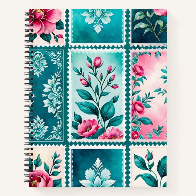 Farbenfrohe antike Briefmarke Notizbuch (Vorderseite)