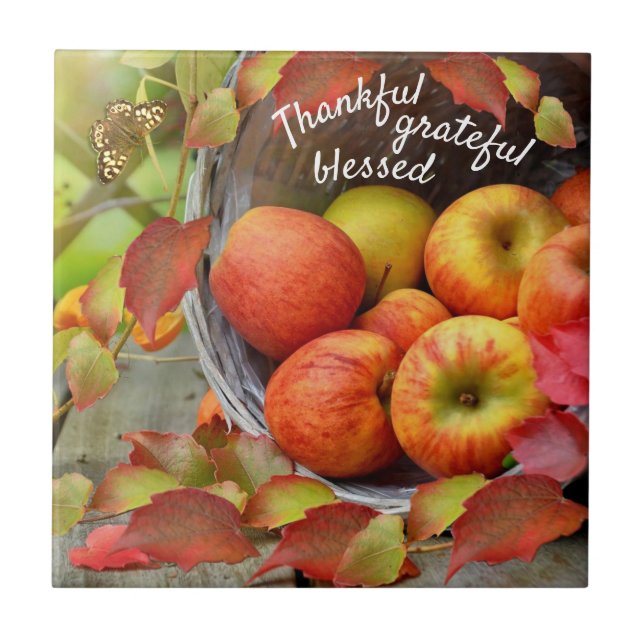 Farbenfrohe Apfelkörbe und Herbstlaube. Fliese (Vorderseite)