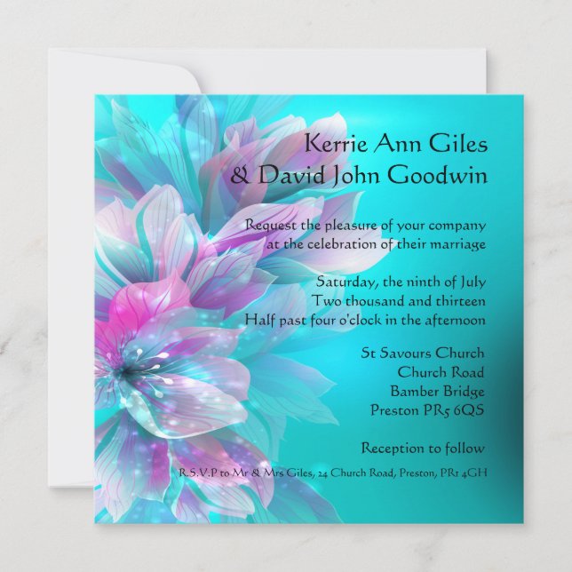 Farbenfrohe Aqua Blauer und rosa Hochzeitsempfang Einladung (Vorderseite)