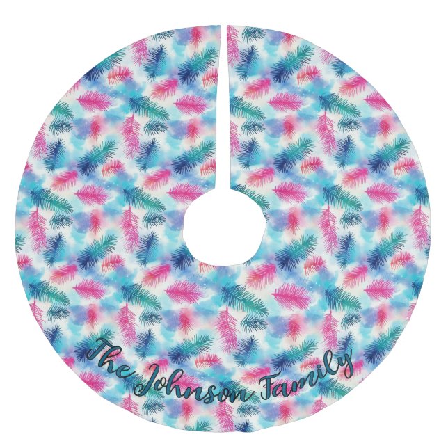 Farbenfrohe Aquamarine, rosa und Lila Zweigniederl Polyester Weihnachtsbaumdecke (Vorderseite)