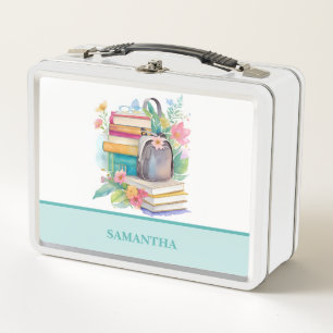 Farbenfrohe Aquarell-Bücher und Rucksack Metall Brotdose