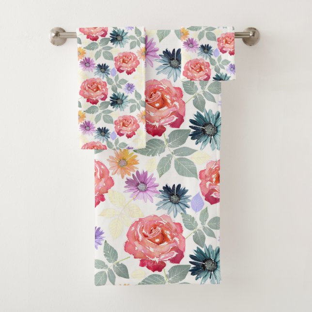 Farbenfrohe Aquarellblumenmuster Badhandtuch Set (Insitu)