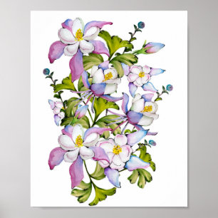 Farbenfrohe Aquarellbukett mit Kolumbin und grünem Poster