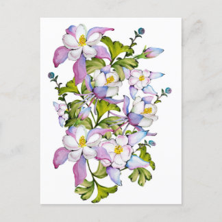Farbenfrohe Aquarellbukett mit Kolumbin und grünem Postkarte