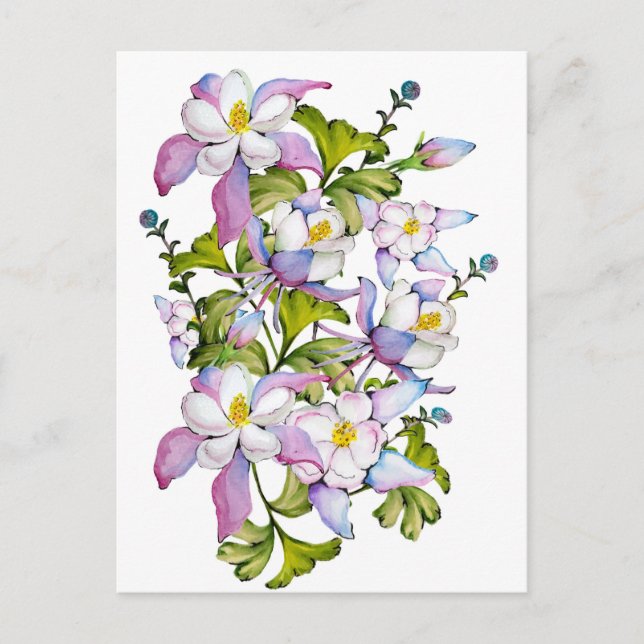 Farbenfrohe Aquarellbukett mit Kolumbin und grünem Postkarte (Vorderseite)