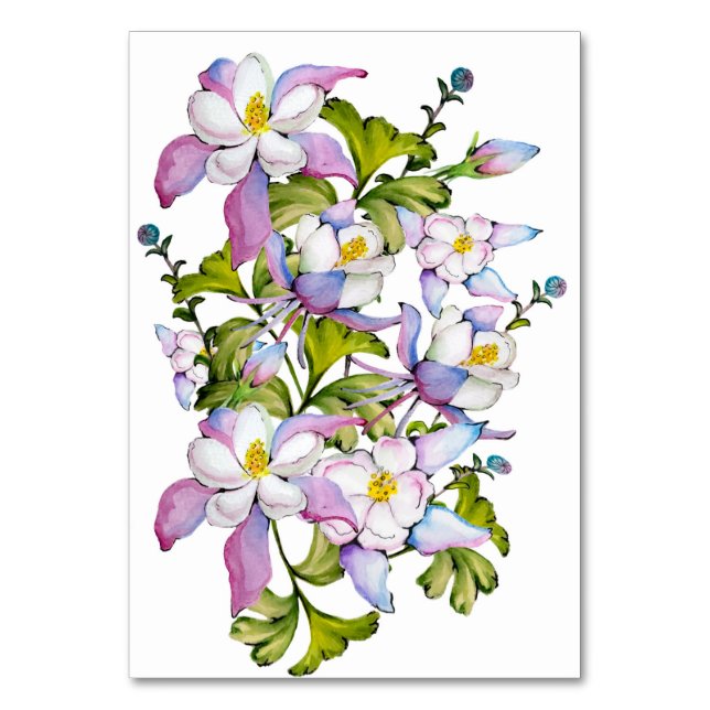Farbenfrohe Aquarellbukett mit Kolumbin und grünem Tischnummer (Vorderseite)