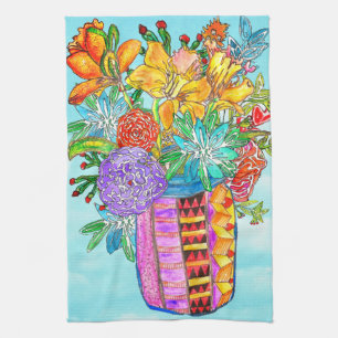 Farbenfrohe Aquarellfarben-Blume in einem Jar Kite Geschirrtuch