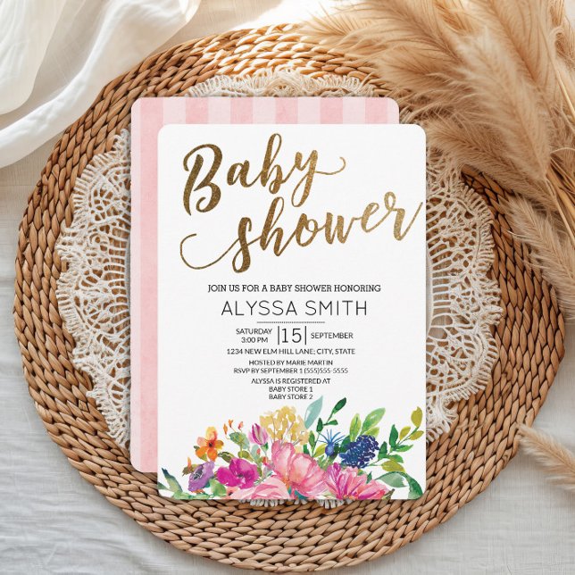 Farbenfrohe Aquarellfarben Blütengoldblütendusche  Einladung (Pink, blue, and yellow watercolor floral baby shower invitation)