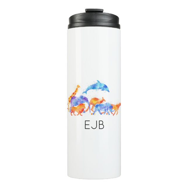 Farbenfrohe Aquarellfarben-Monogramm für Wildtiere Thermosbecher (Vorderseite)