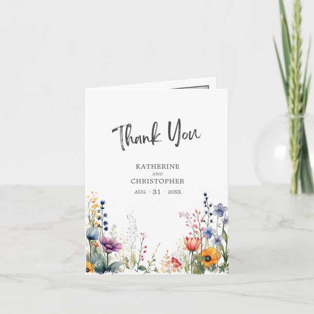 Farbenfrohe Aquarellfarben-Wildblumen Hochzeitssze Dankeskarte (Vorderseite)