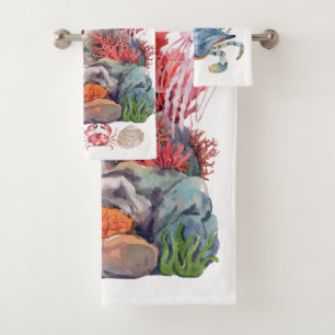 Farbenfrohe Aquarellmalerei auf Korallenriff Badhandtuch Set