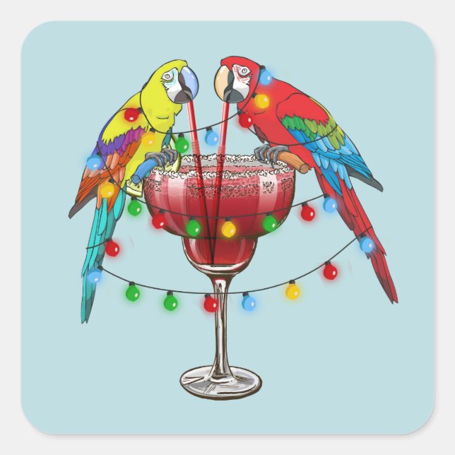 Farbenfrohe Ara Parrots trinken Roten Wein Quadratischer Aufkleber (Vorderseite)