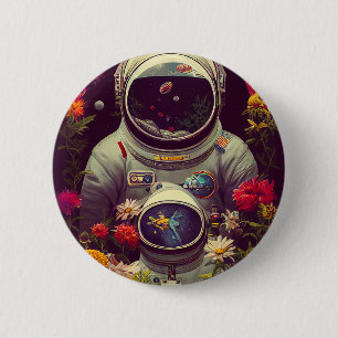 Farbenfrohe Astronauten im Weltraum mit Blume Kuns Button