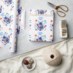 Farbenfrohe Astronauten und Univers in kühlen Farb Geschenkpapier