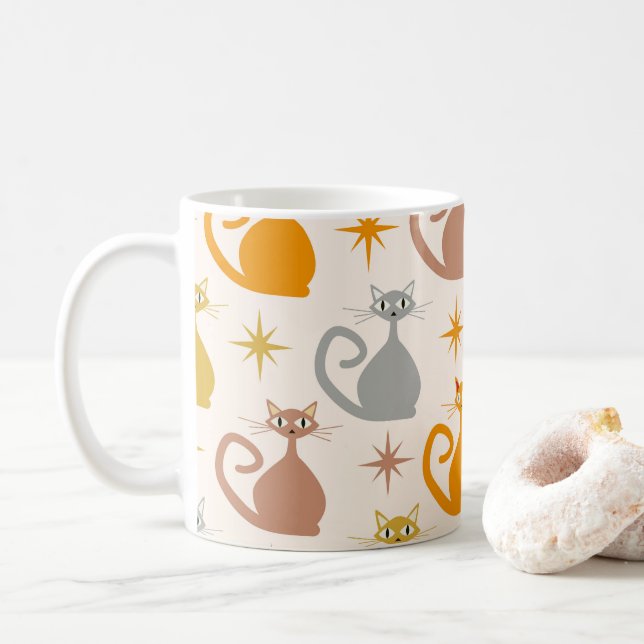 Farbenfrohe Atomkatzen aus der Mitte des Jahrhunde Kaffeetasse (Mit Donut)