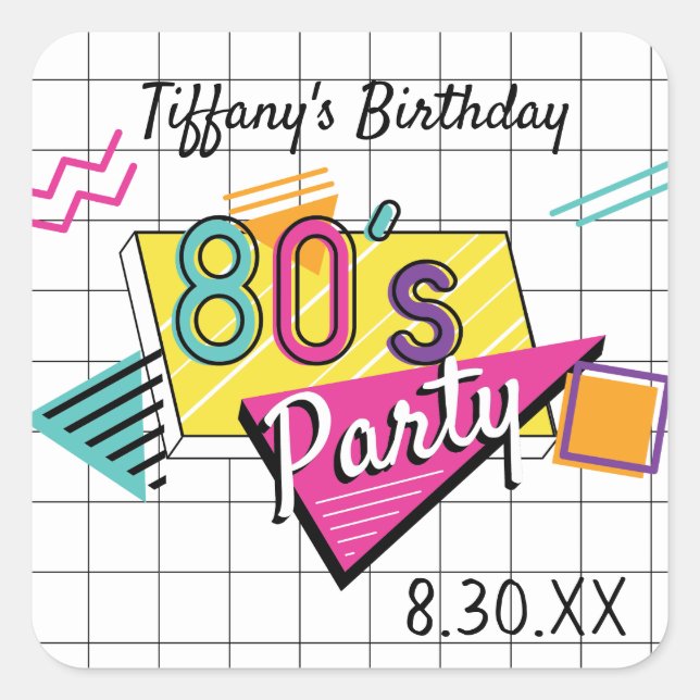 Farbenfrohe Aufkleber für das Party der 80er Jahre (Vorderseite)