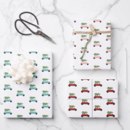 Farbenfrohe Autos mit Weihnachtsbaumurlaub Geschenkpapier Set