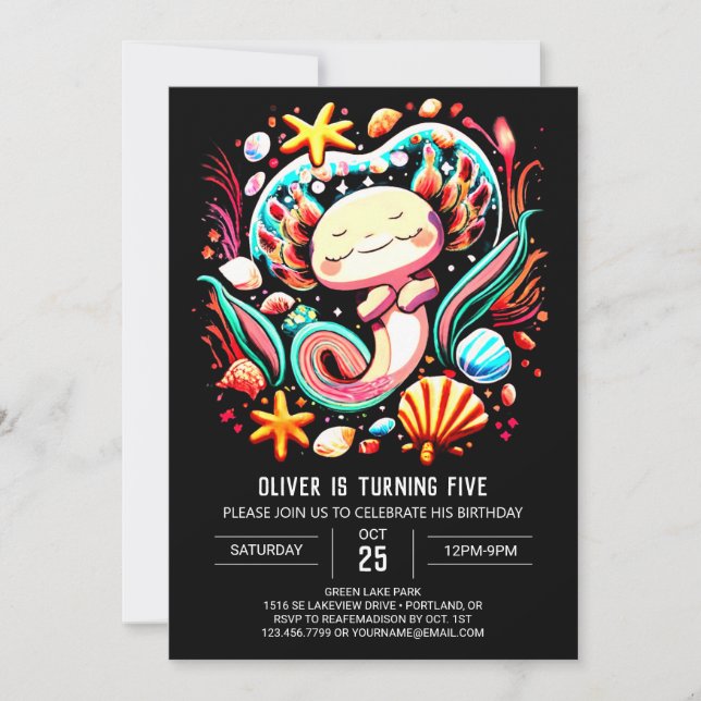 Farbenfrohe Axolotl Moderne Geburt Einladung (Vorderseite)