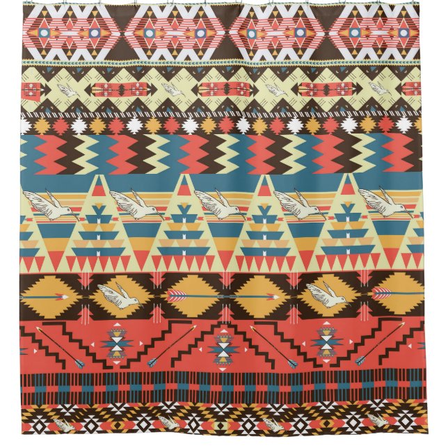 Farbenfrohe Azteken: Vögel, Muster der Blume. Duschvorhang (Vorderseite)