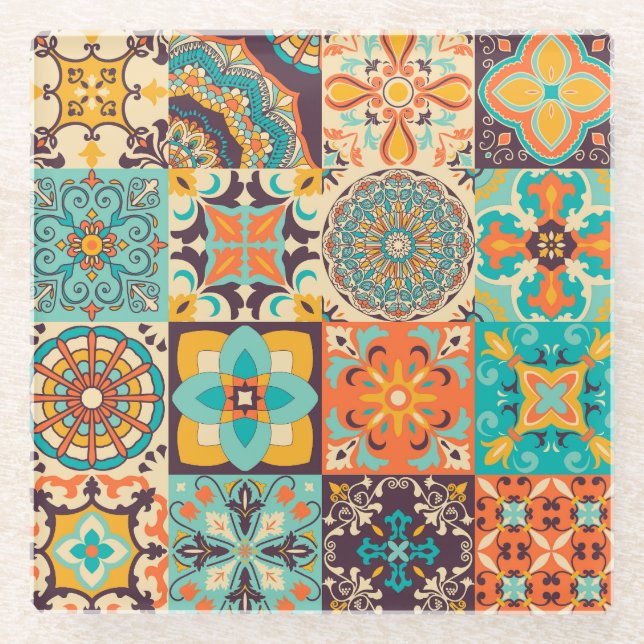 Farbenfrohe Azulejos Traditionelles Tiles-Set Glasuntersetzer (Vorderseite)