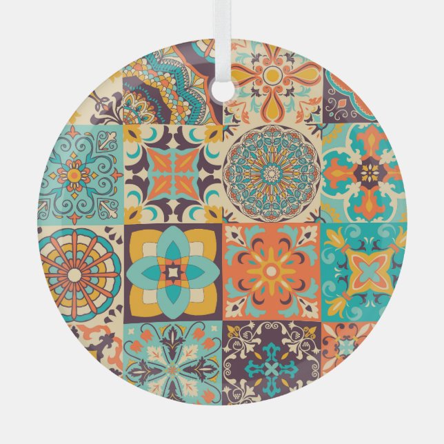 Farbenfrohe Azulejos Traditionelles Tiles-Set Ornament Aus Glas (Vorderseite)