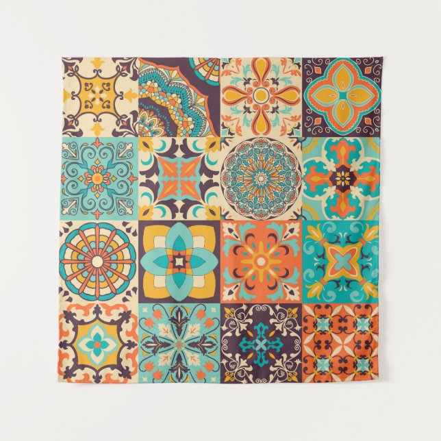 Farbenfrohe Azulejos Traditionelles Tiles-Set Wandteppich (Vorderseite)