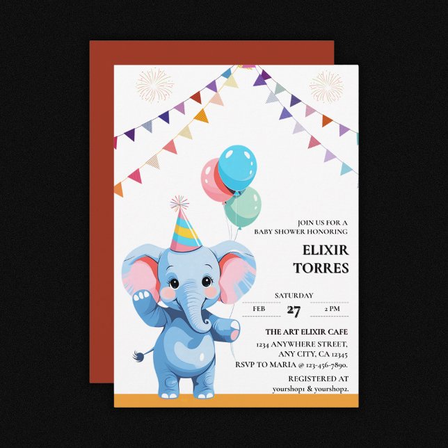 Farbenfrohe Baby Elephant mit Balloons Babydusche Einladung (Von Creator hochgeladen)