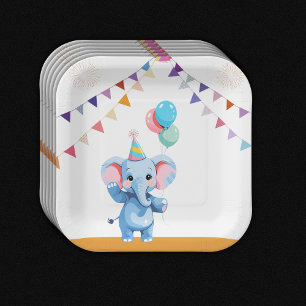 Farbenfrohe Baby Elephant mit Balloons Babydusche Pappteller