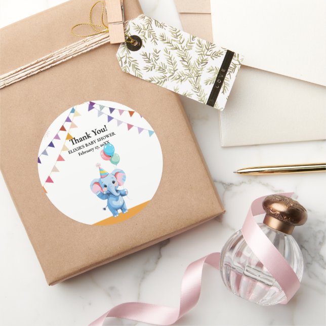 Farbenfrohe Baby Elephant mit Balloons Babydusche Runder Aufkleber (Schenken)
