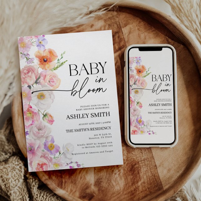 Farbenfrohe Baby in blühender Einladung | Sommerli (baby in bloom baby shower invitation floral fiesta)