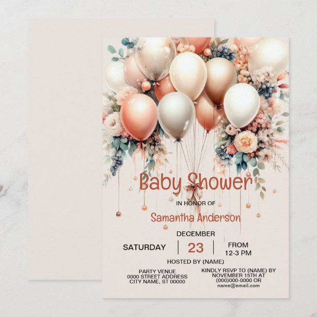 Farbenfrohe Babydusche Peach WhiteFloral Balloons Einladung (Vorne/Hinten)