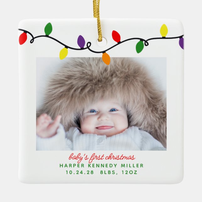 Farbenfrohe Baby's First Christmas Lights 2 Fotos Keramikornament (Vorderseite)