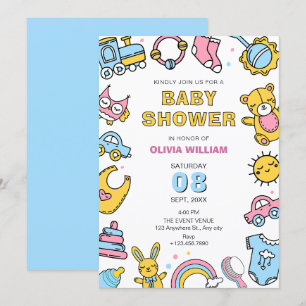 Farbenfrohe Babyspielzeug-Dusche Einladung