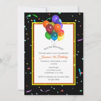 Farbenfrohe Balkone & Confetti auf schwarz | PARTY Einladung