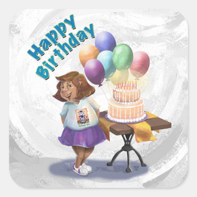 Farbenfrohe Ballon Birthday Girl Quadratischer Aufkleber (Vorderseite)