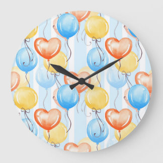 Farbenfrohe Ballons: Aquarellfarbenes, nahtloses M Große Wanduhr